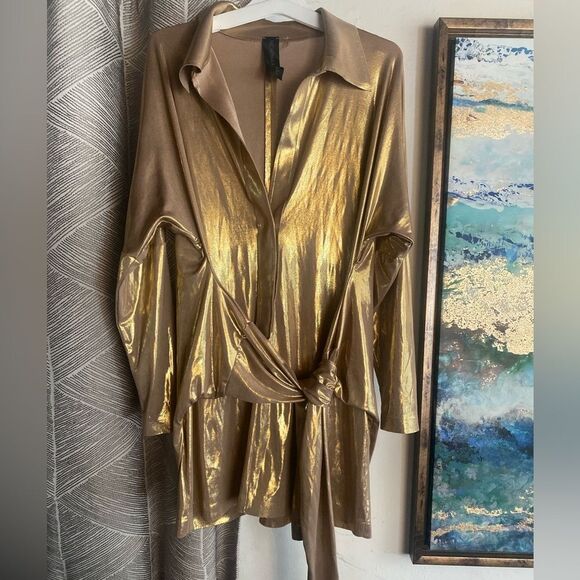 Norma Kamali TY Tie Front NK Metallic Gold Shirt Mini Dress Long Sleeve Sz Small - Picture 6 of 13